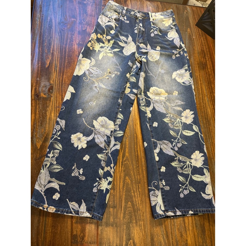 Romwe Floral Wide Leg Jeans‎ 22" Petite Medium Womens Blue High Rise Denim
